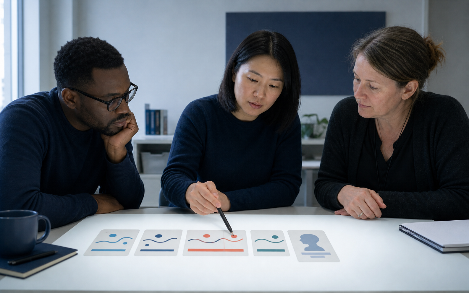 A child-safety research team studies branching multi-turn dialogue traces behind a protected classroom observation window without showing harmful content