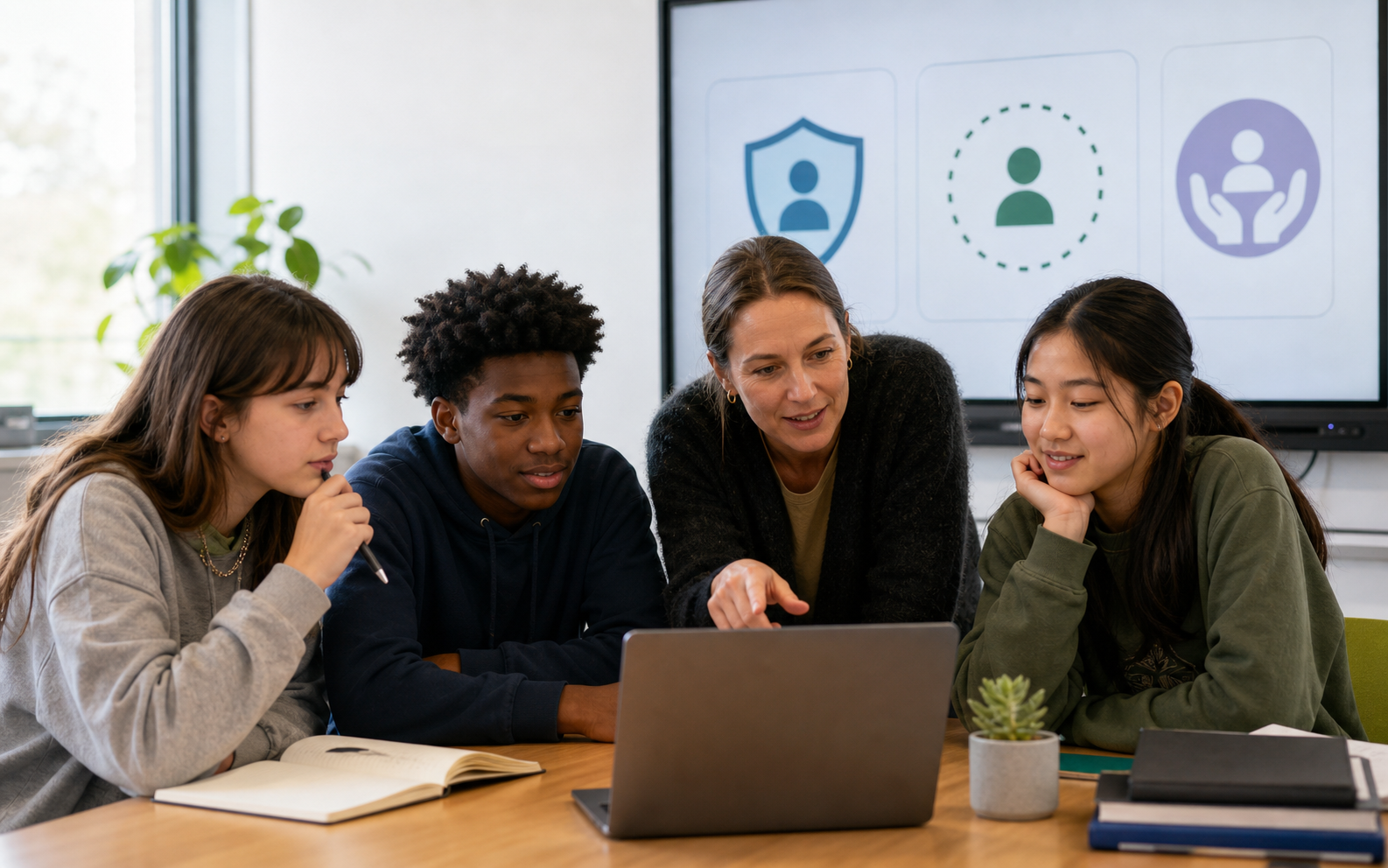 A diverse group of teenagers and a teacher review an AI learning conversation beside clear safety and access indicators in a bright school media room