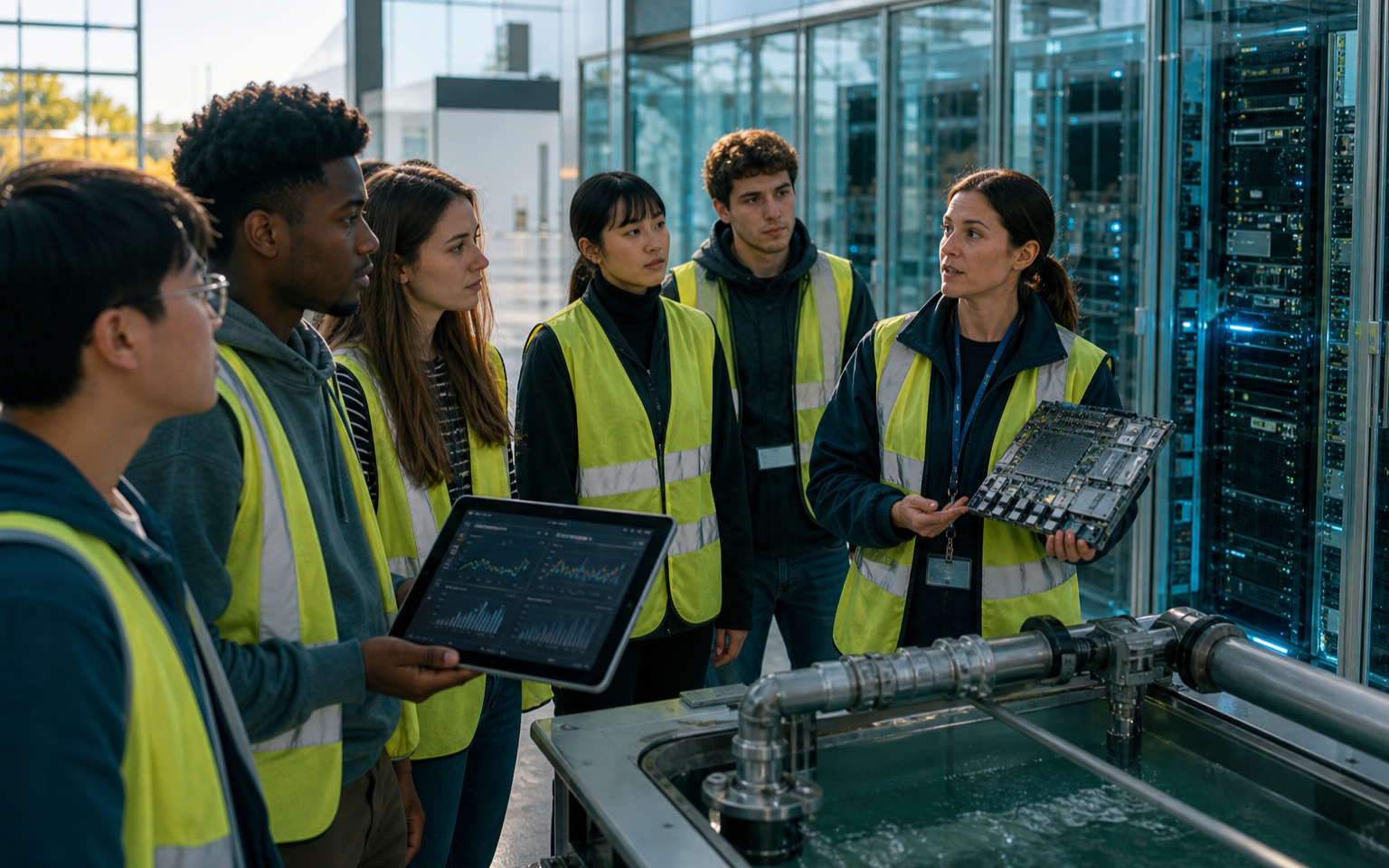 Hong Kong educators examine energy, water, carbon and circularity evidence for cloud AI infrastructure in a bright university planning room