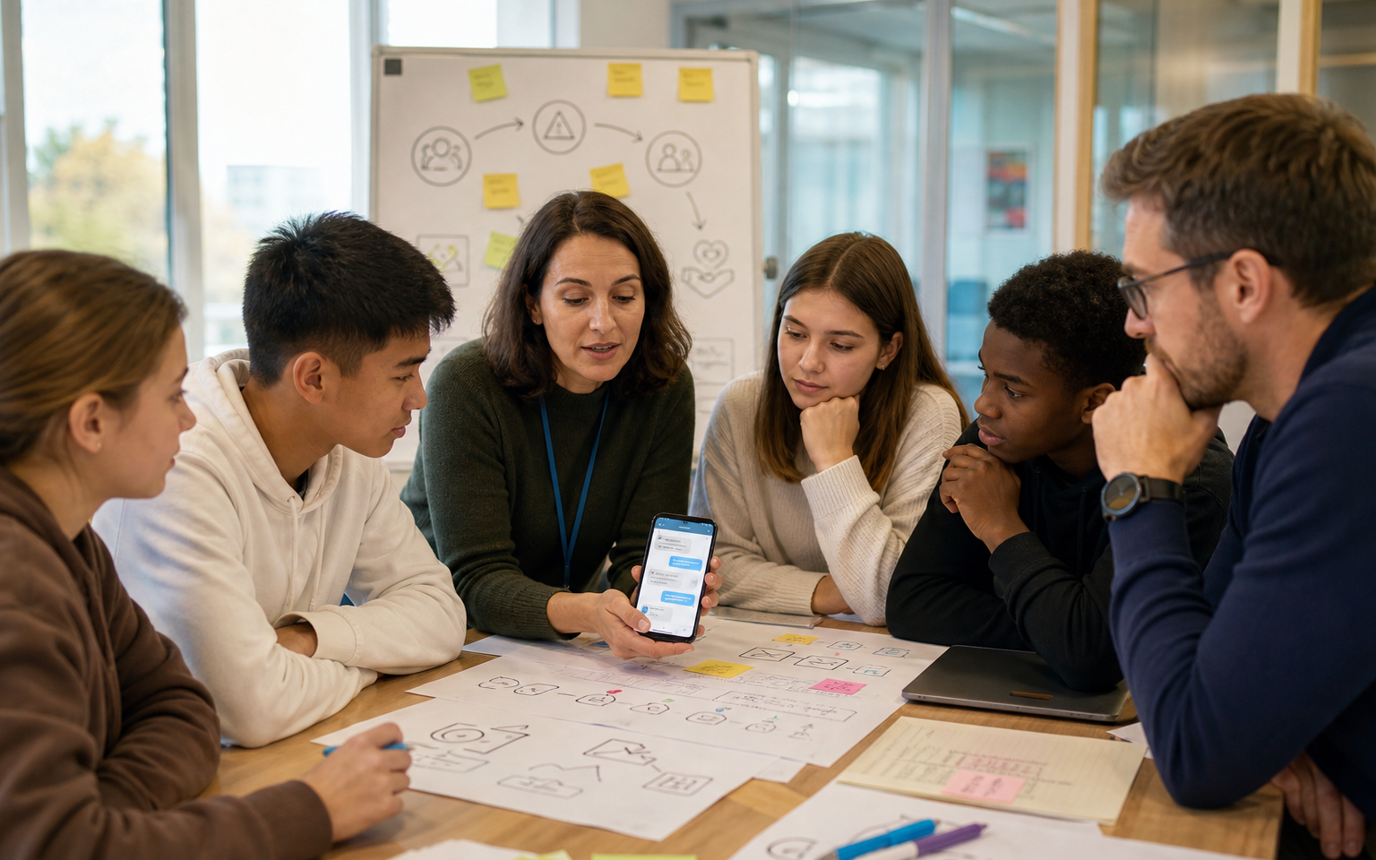 A diverse youth support team reviews multilingual AI conversations, curated knowledge and risk-escalation pathways with student representatives