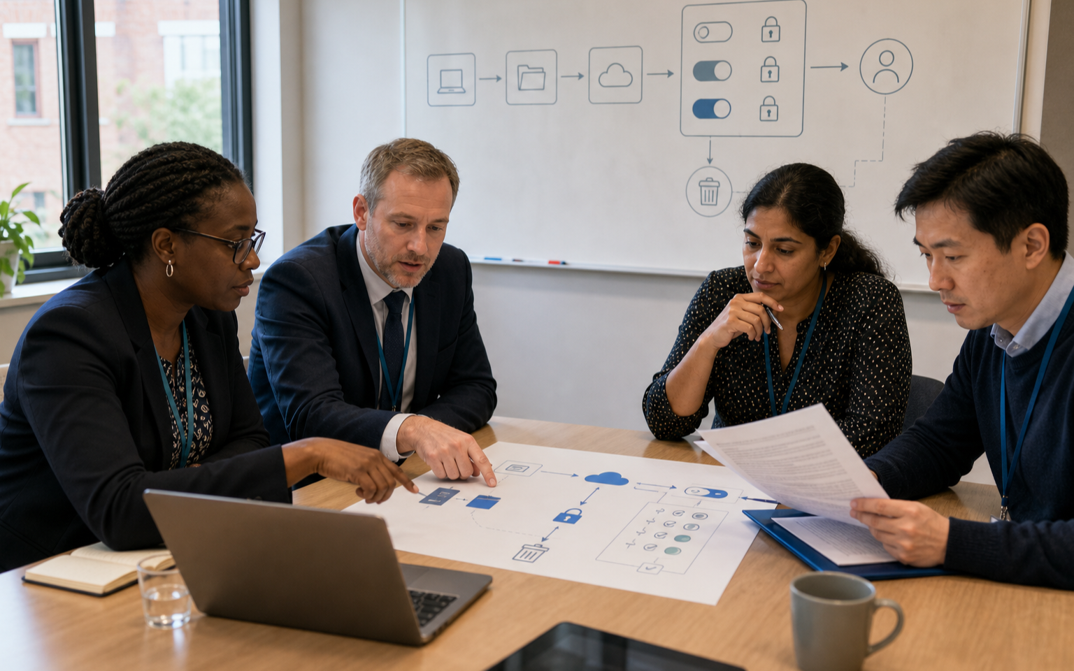 A diverse school procurement team reviews an educational AI contract, data-flow map and safeguarding checklist in a bright meeting room