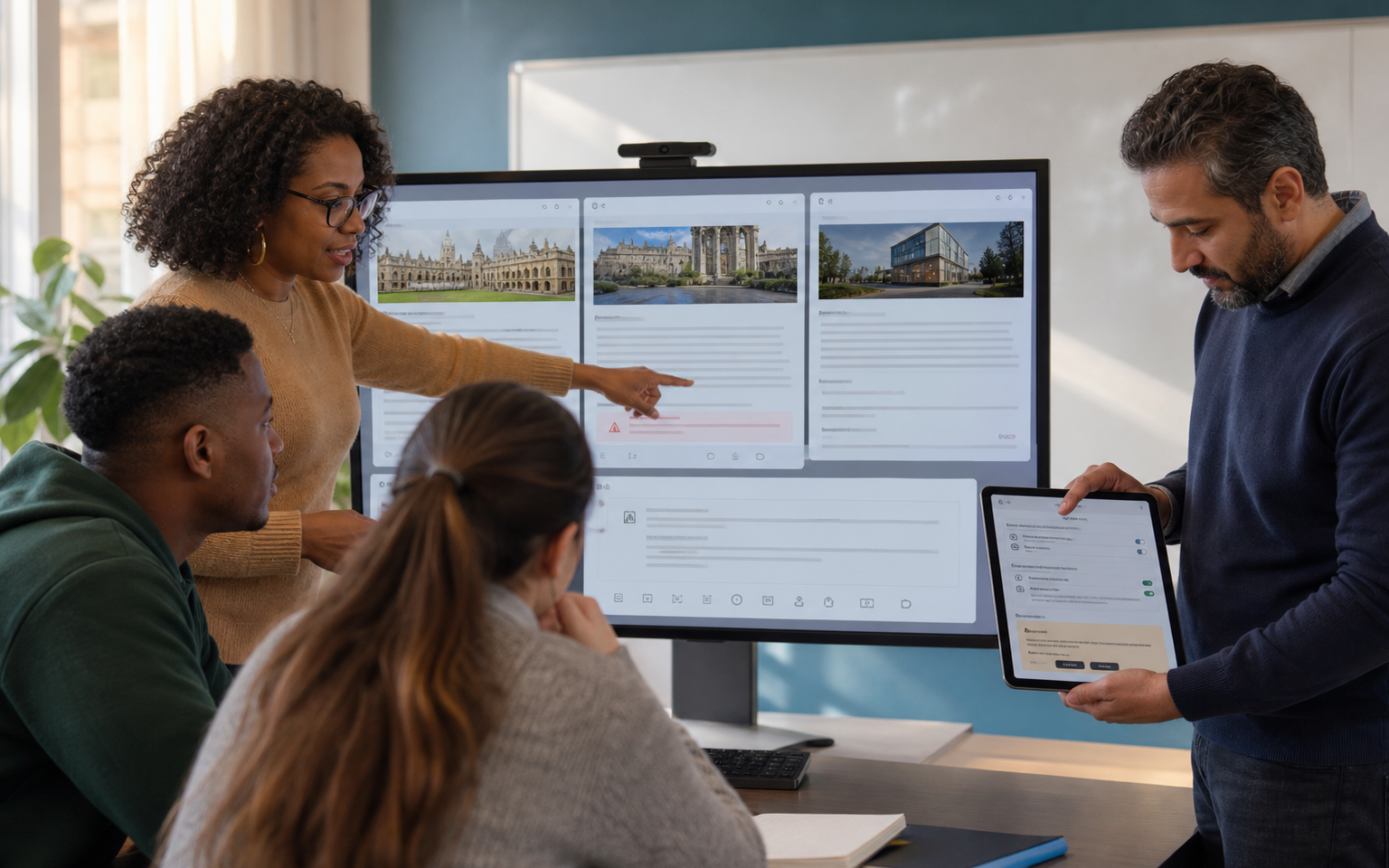 A diverse group of university students and a lecturer compare browser tabs while a technology specialist reviews connected-app permissions and safety prompts