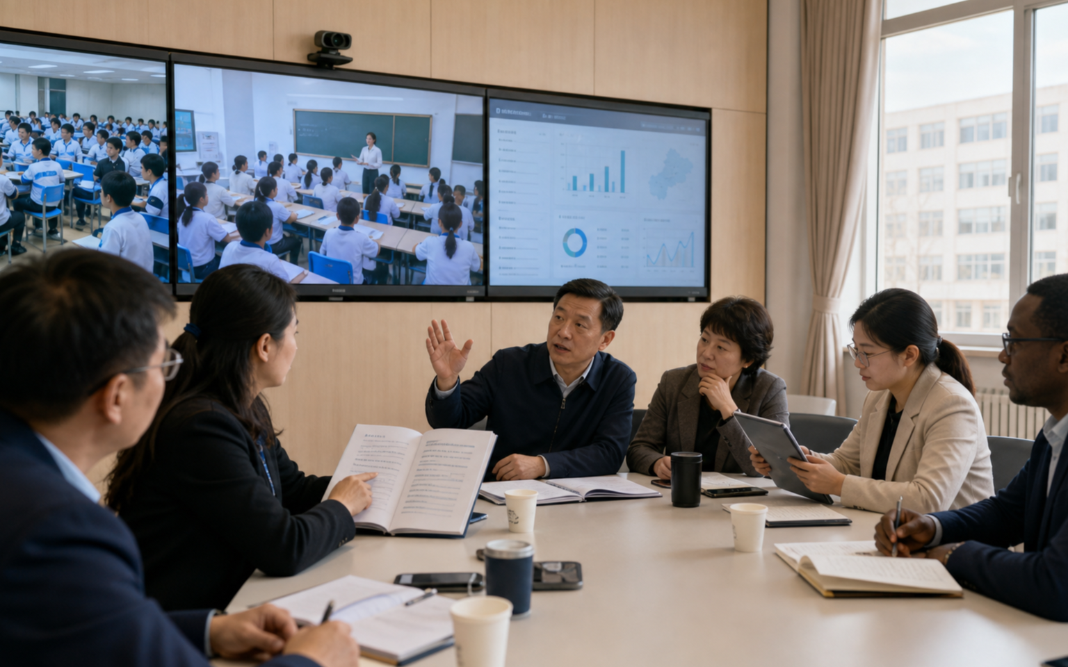 A diverse group of teachers and education administrators review school, vocational and university pilot cases, implementation priorities and open evaluation questions on a national digital-learning platform dashboard