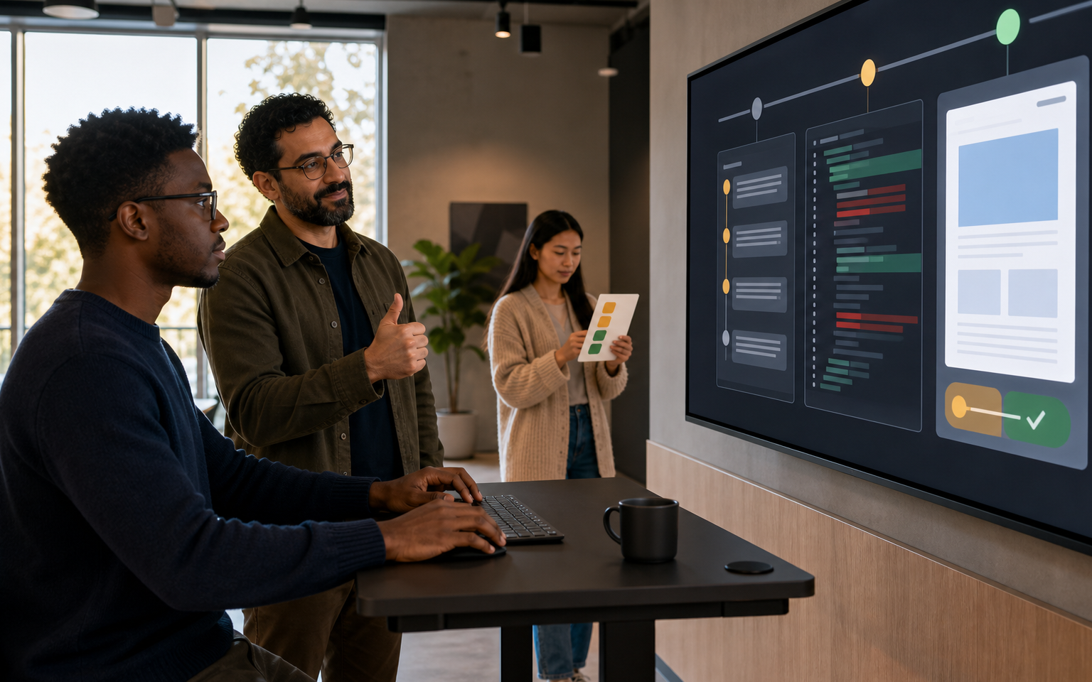 A diverse university learning team reviews a browser research trail, a coding workflow and teacher-controlled study materials in a bright campus lab