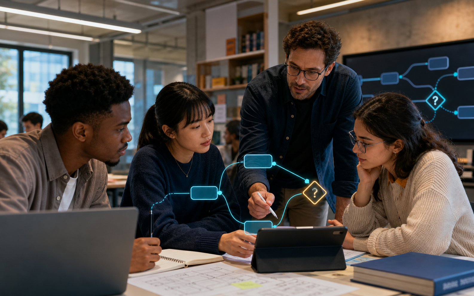 A diverse group of university students explores a branching media-technology learning story while an instructor traces where quiz choices connect to the narrative