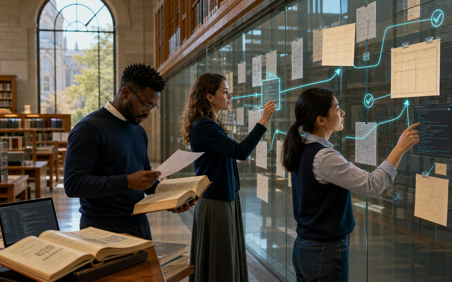 A diverse university class reviews source-linked documents, an inspectable coding handoff and an editable assessment rubric with a teacher in a bright learning studio