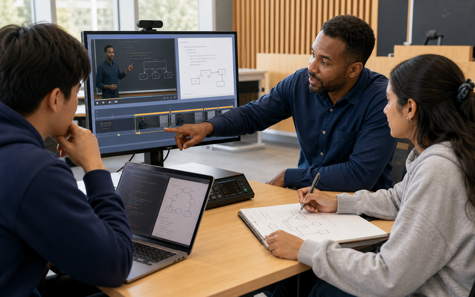 A programming lecturer and two university students review an educator-verified lecture clip timeline, code diagrams and study notes in a bright computing studio