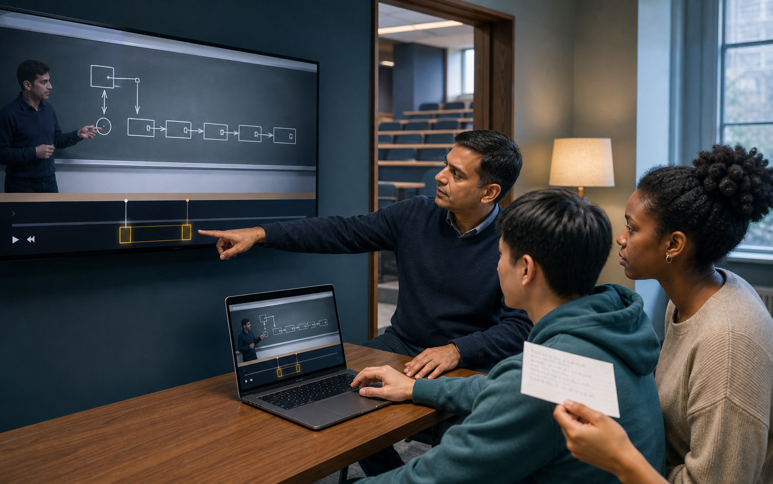 A lecturer and two university students review two short, highlighted segments from a C-programming lecture video beside pointer and linked-list diagrams in a media room