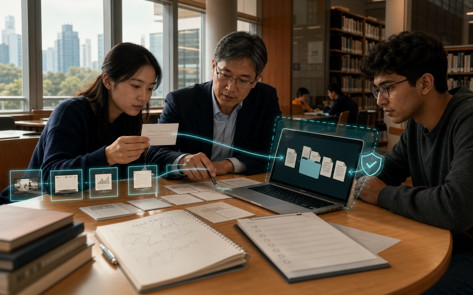 A faculty researcher and two university students inspect connected source cards, a permission checklist and an evidence map around a round table in a sunlit library