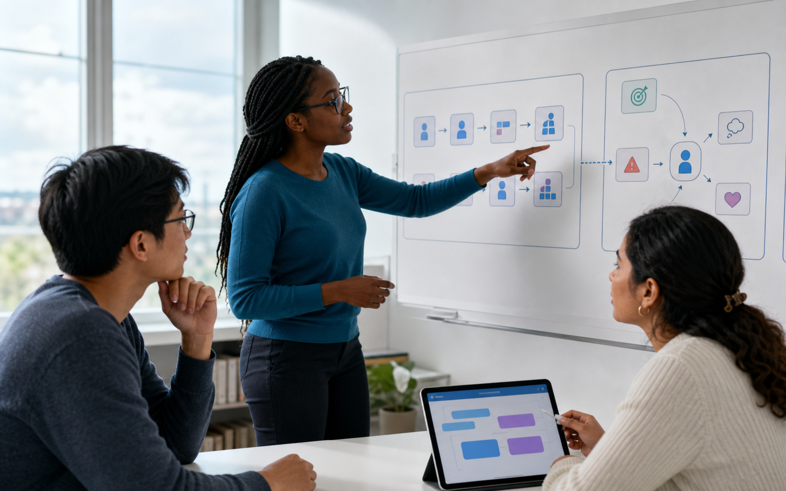 A learning scientist and two diverse student researchers compare coded learner actions with a structured reasoning map in a university lab
