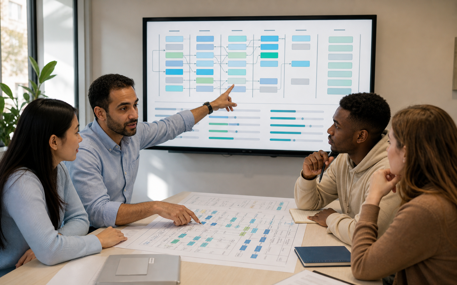 An academic adviser and two university students compare concurrent course schedules, predicted grade ranges, and an advising decision map