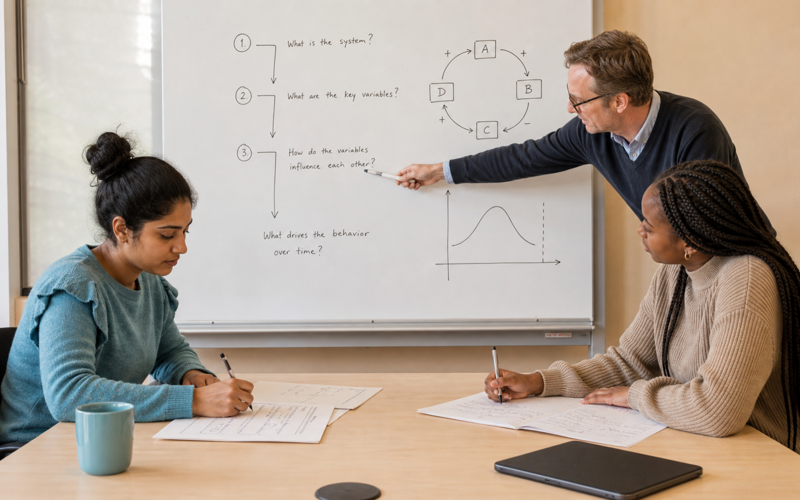 A teacher prompts a diverse group of secondary students to reason with question cards while an unused answer-generating tablet rests at the edge of the table