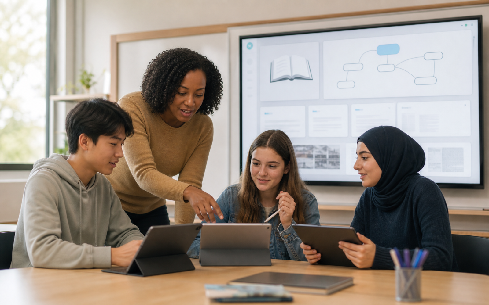 A racially diverse secondary-school class uses teacher-selected course materials to build a study guide while an educator reviews the activity on a classroom display