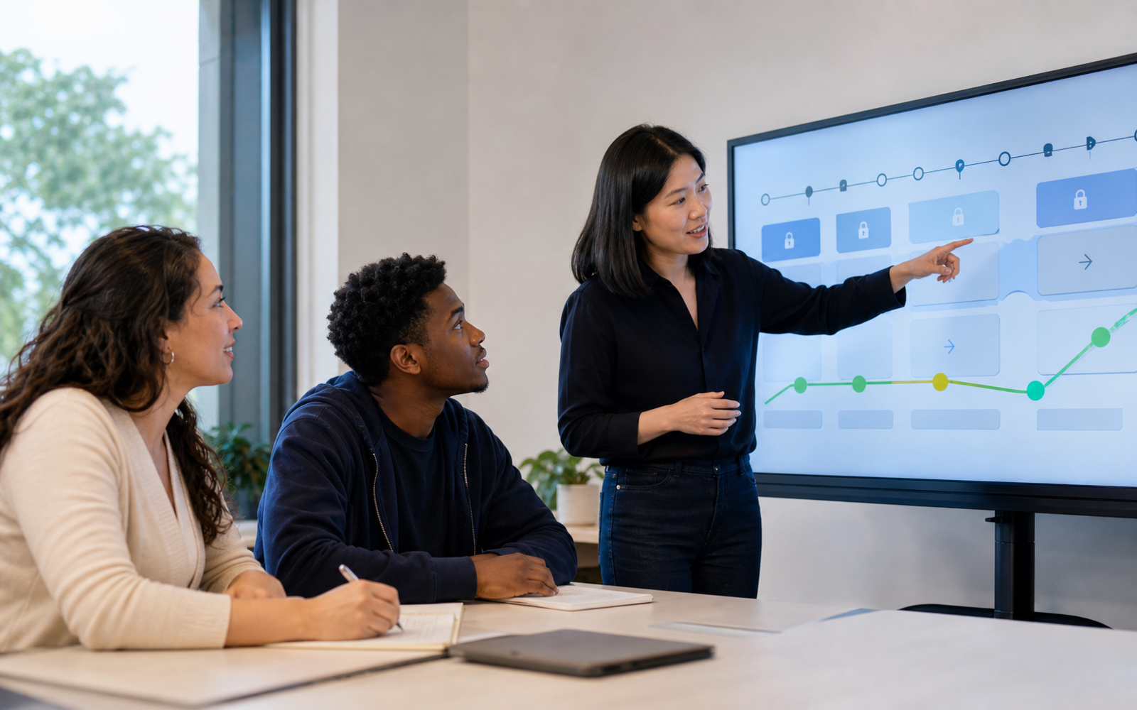 A student adviser and two adult learners review a feasible intervention timeline, a resource budget, and a learner-support dashboard in a university advising room
