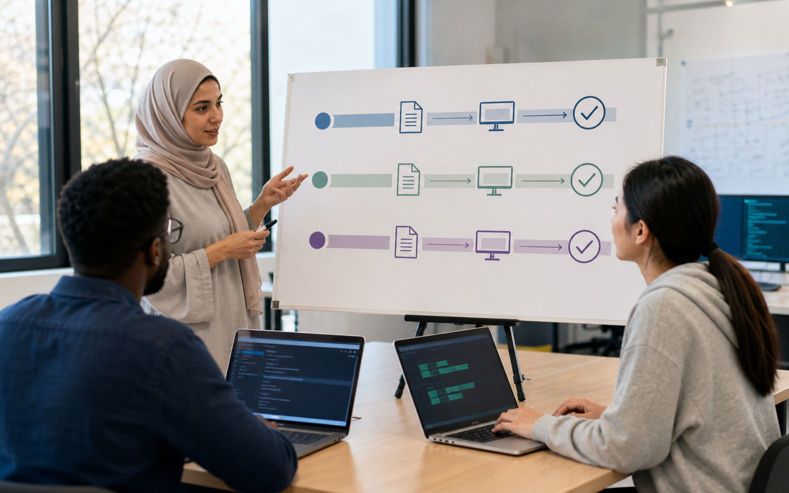 A lecturer and two student developers compare model settings and a cross-session handoff board while reviewing a software project in a bright lab