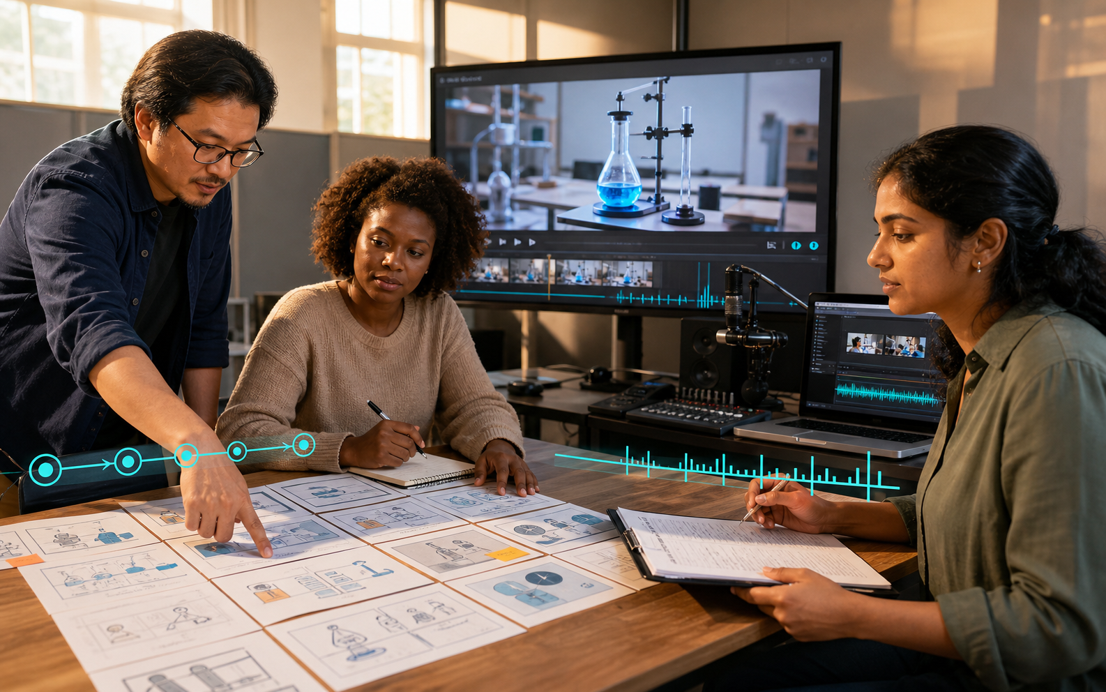 A diverse group of educators reviews an instructional video storyboard, narration timeline, and multimedia-learning checks at a university media lab