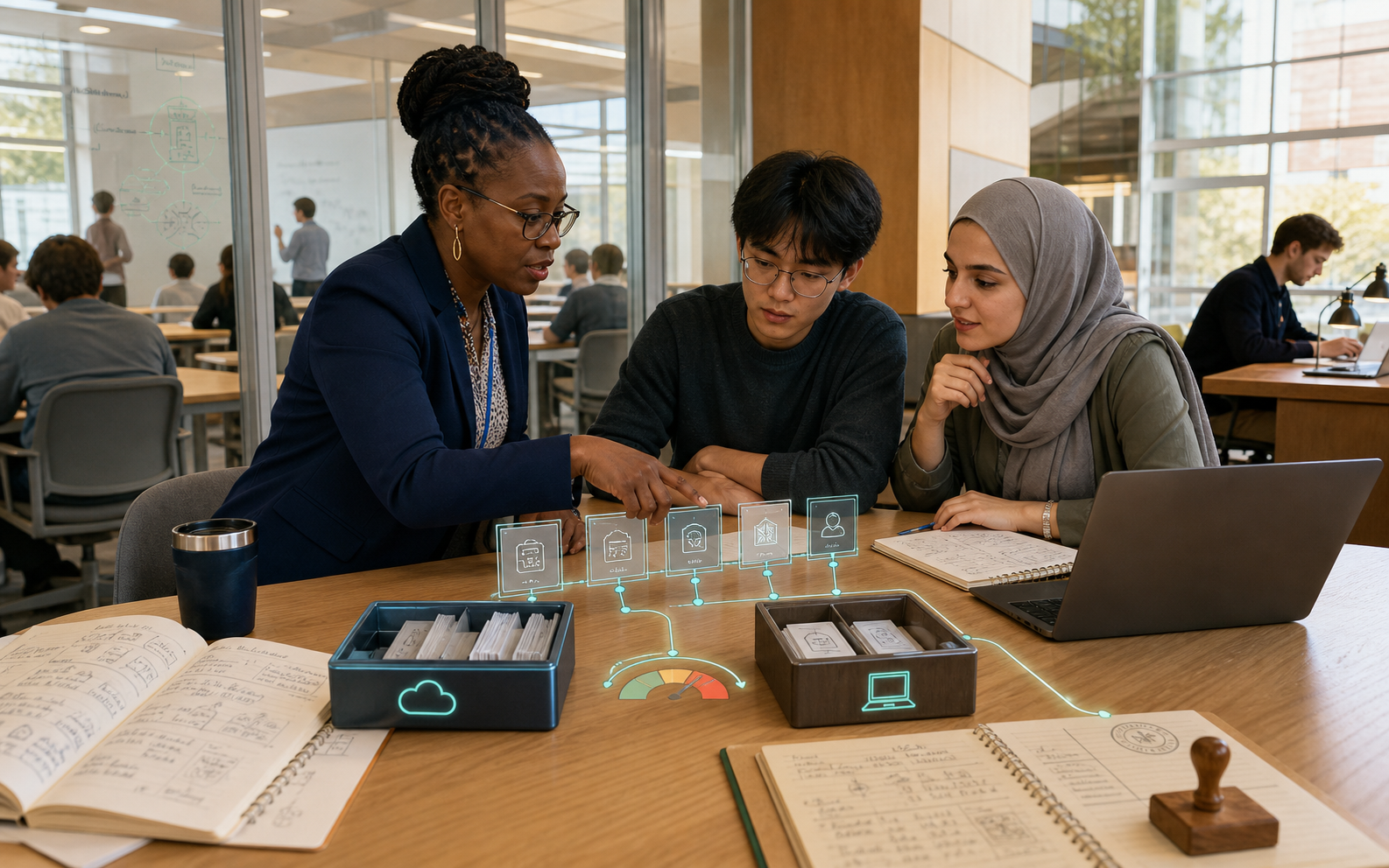 A lecturer and two university students inspect ranked learning tools, separate cloud and local plugin cards, and a review ledger in a bright computing studio