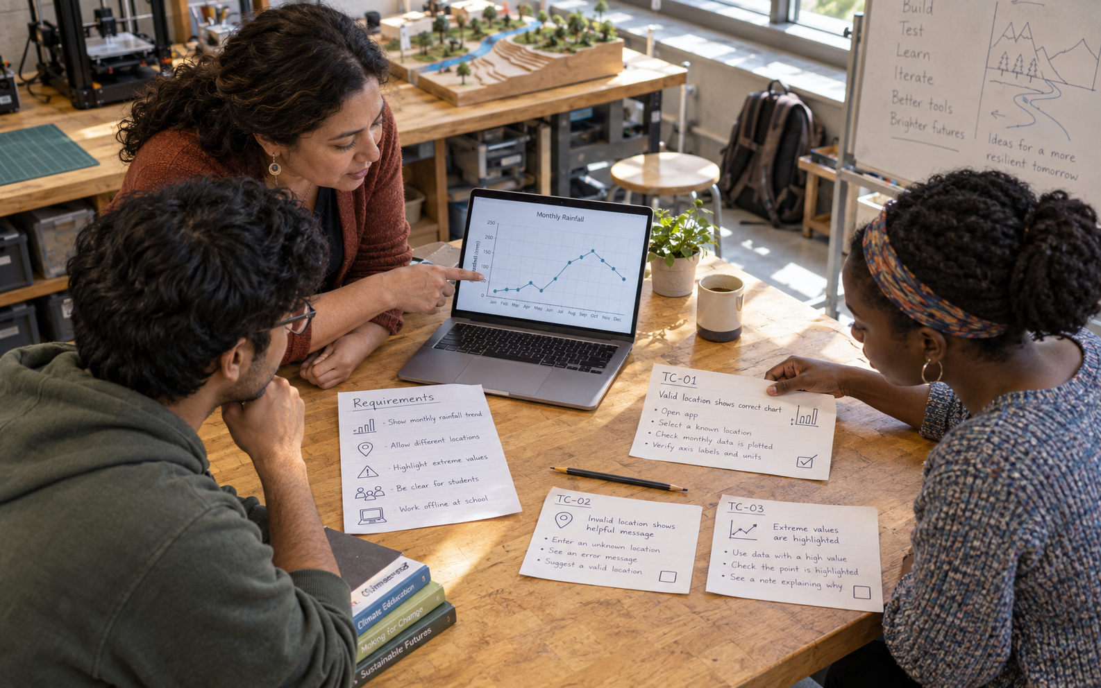 A lecturer and two students check a rainfall chart against written software requirements and test-case cards in a maker workshop