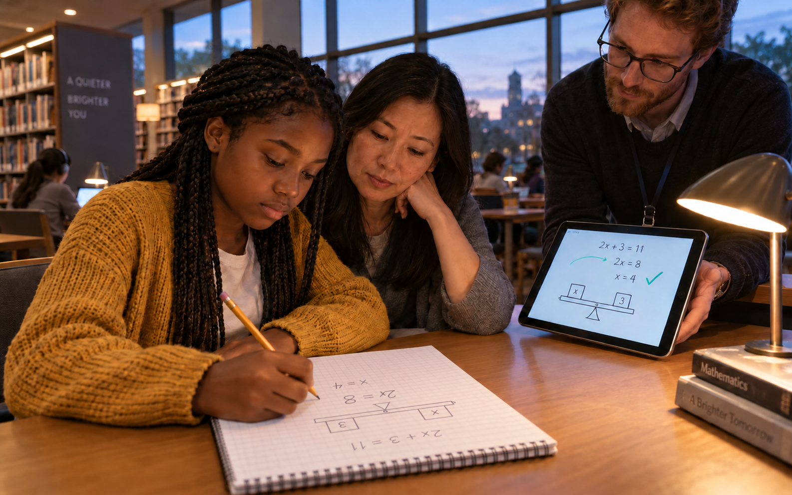 A teenage learner writes algebra in a notebook oriented toward her, while an adult and a librarian review a worked example on a tablet.