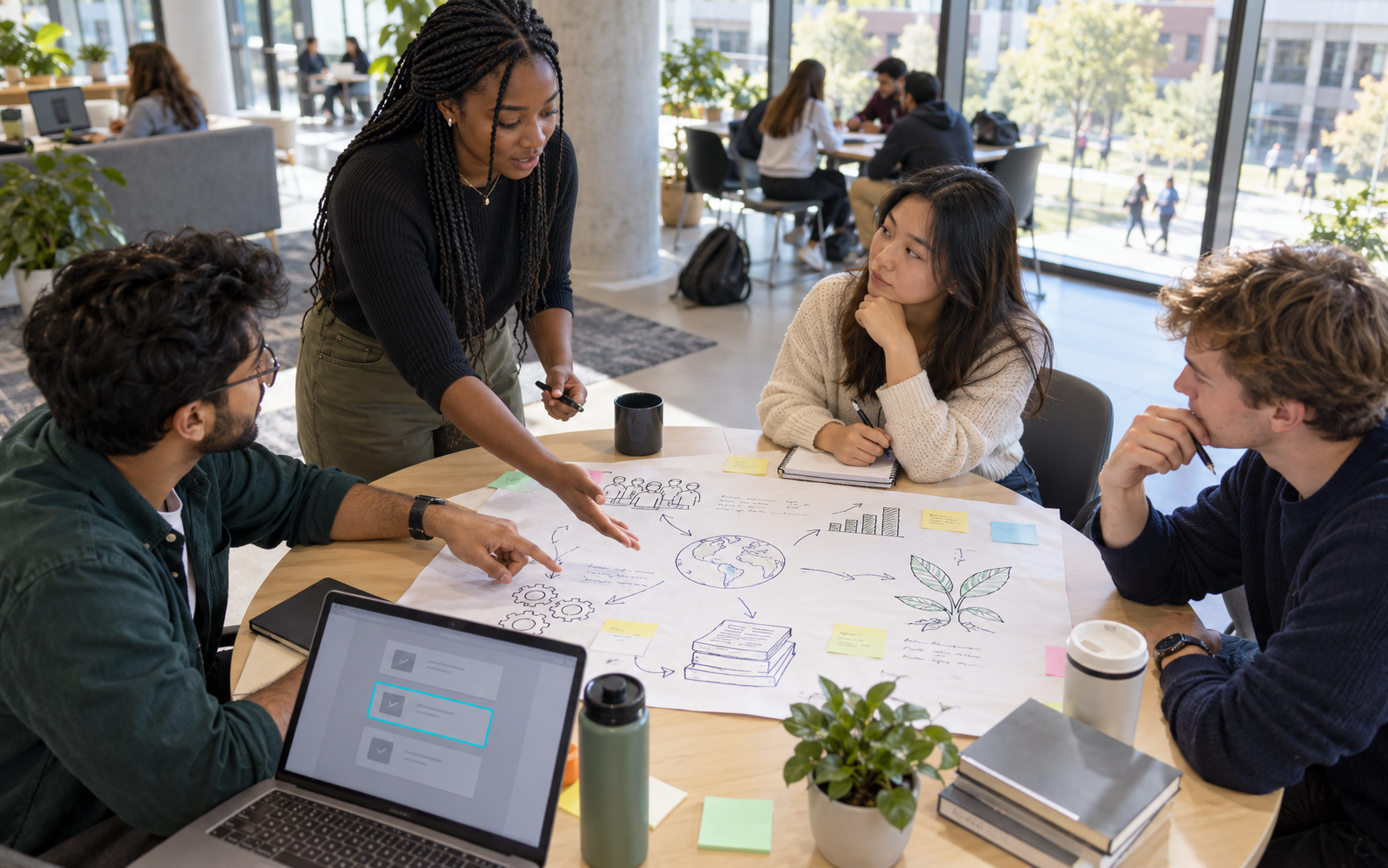 Four university students discuss a hand-drawn project map around a round table, with a laptop showing a short task list highlighted in cyan.
