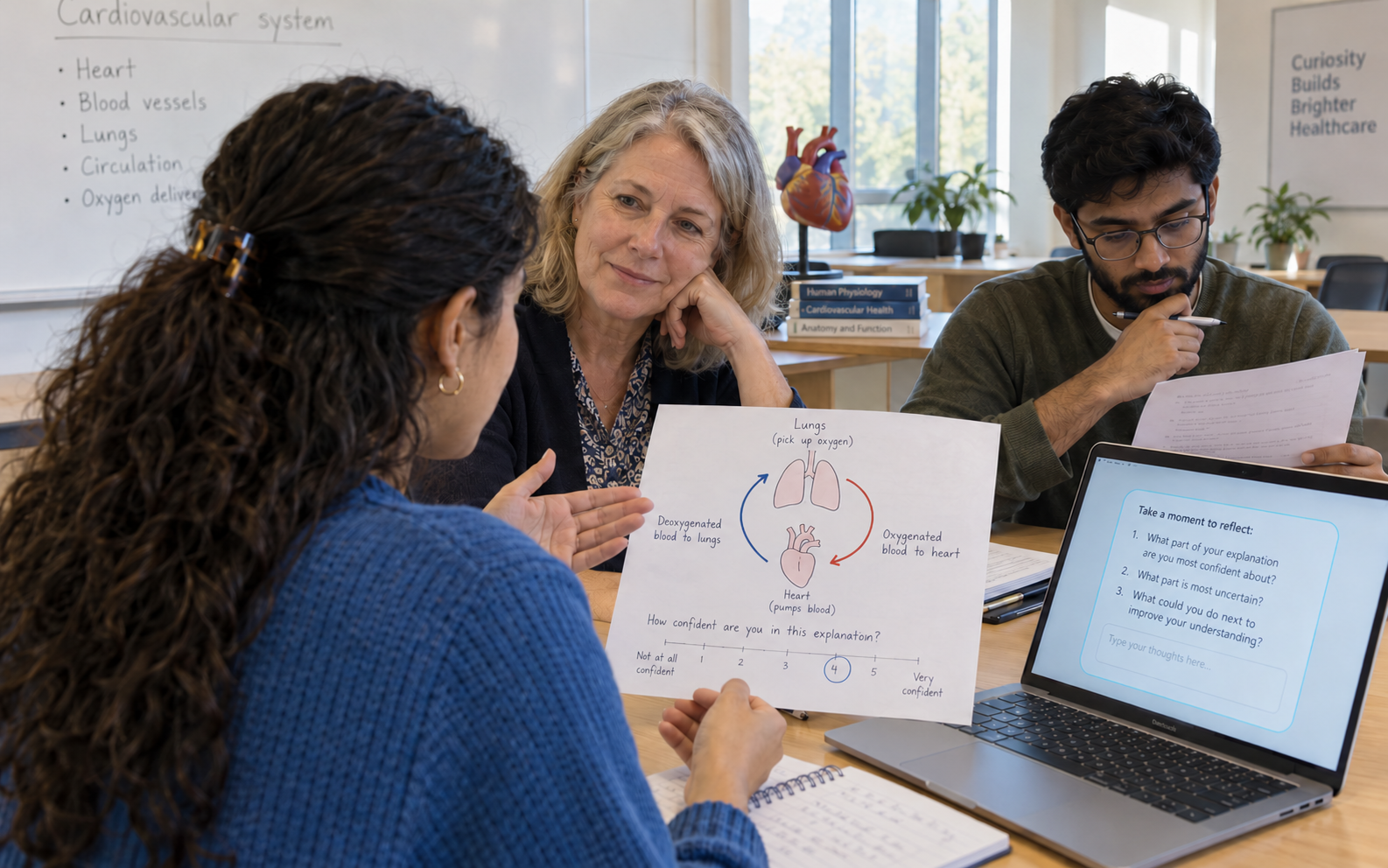 A student explains a heart-and-lungs circulation sketch and confidence rating to a tutor while another learner reviews an answer sheet and a laptop offers reflective questions.