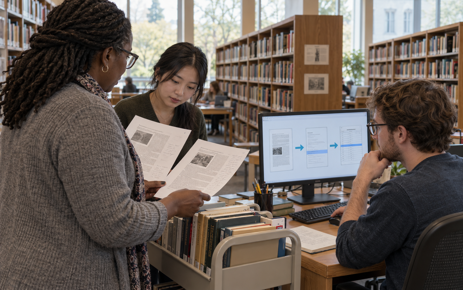 A librarian, graduate student and student developer check printed source records against a three-stage source-to-notes-to-table workflow on a monitor.