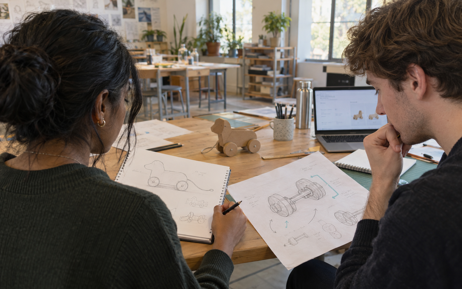 Two design students compare an initial pull-along toy sketch with a revised axle drawing beside a small physical mock-up and laptop.