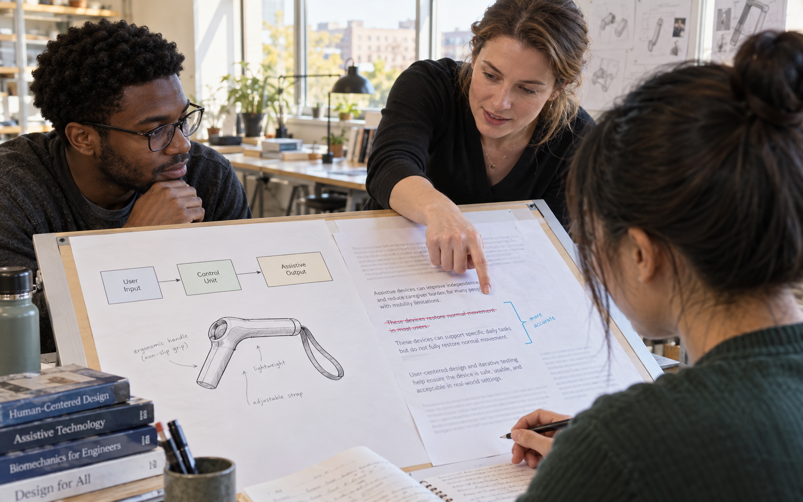 An instructor and two engineering students compare an assistive-device block diagram with a research page containing a crossed-out claim and a corrected statement.