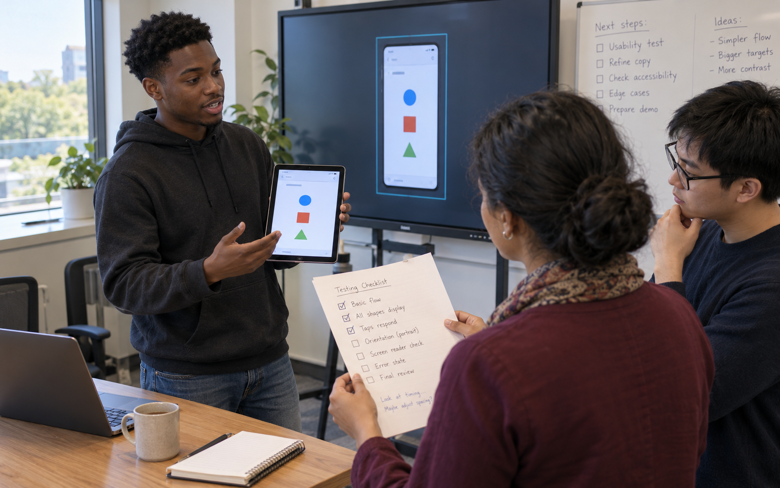 A student presents a shape-based quiz on a tablet while a lecturer and teammate review a partly completed checklist and a narrow-screen preview.