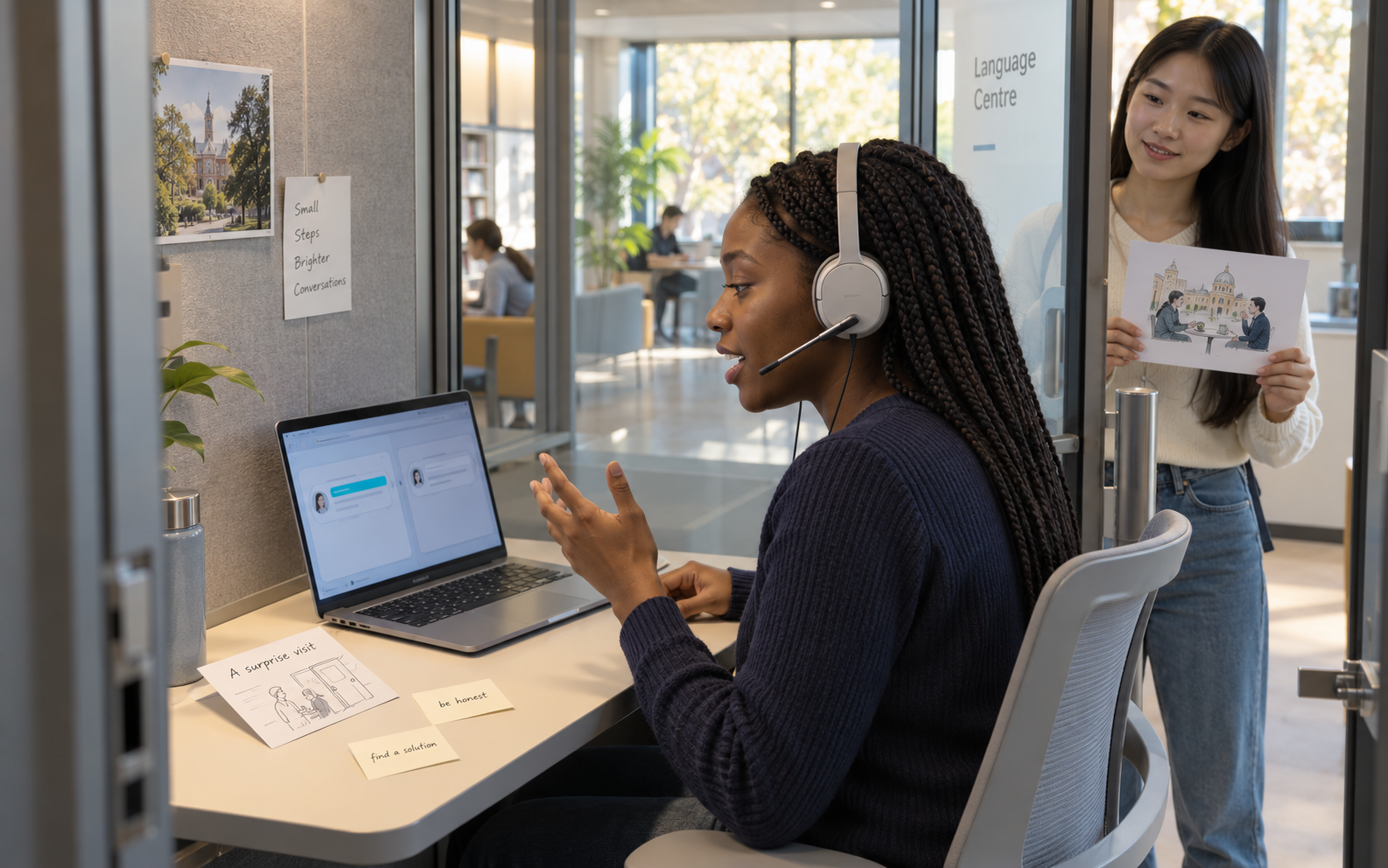 A learner practices speaking with a headset in a language-centre booth while a peer waits at the door with a role-play picture card.