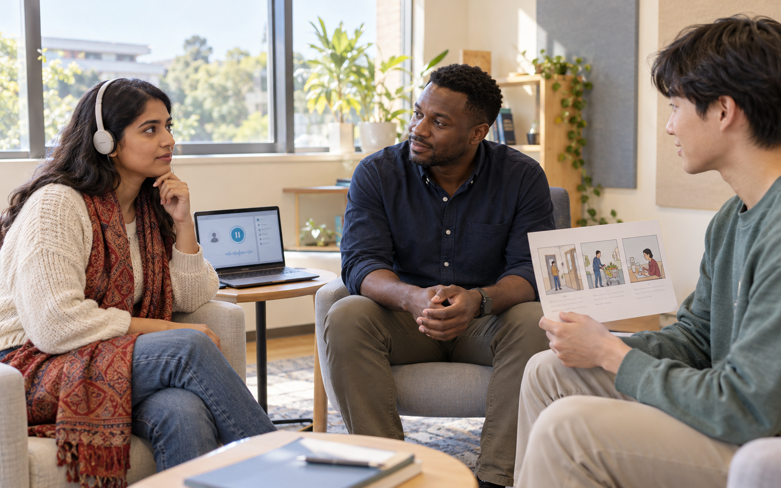 A learner pauses thoughtfully in a language studio while a tutor listens and a classmate holds a three-scene speaking cue card.