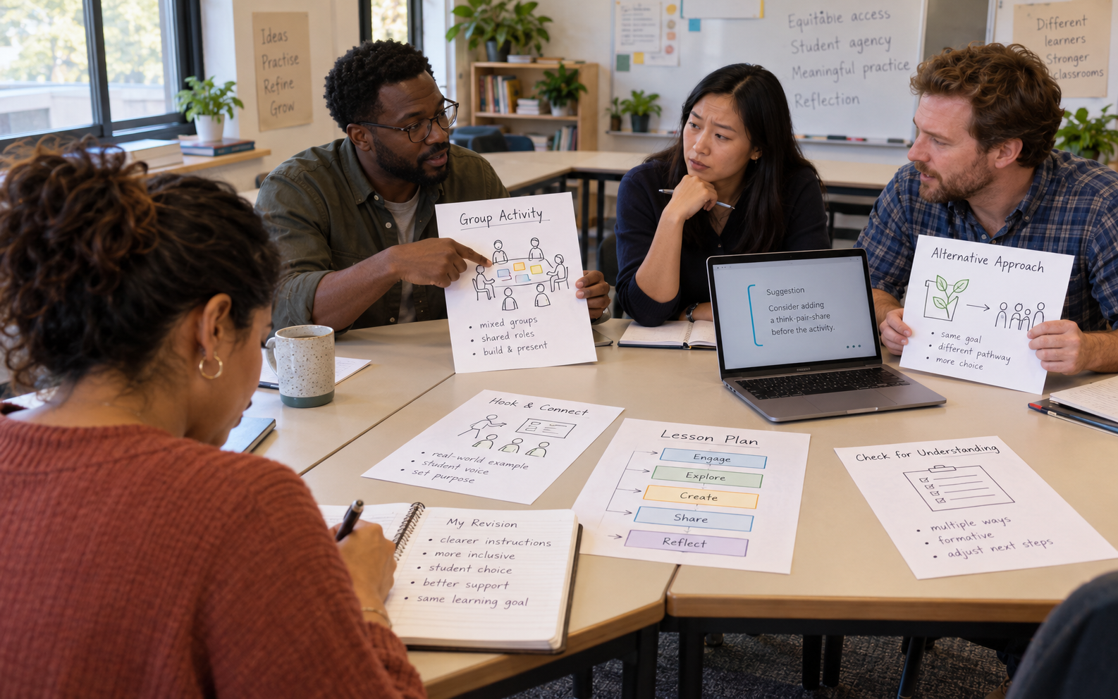 Four teacher trainees discuss a laptop lesson suggestion, compare activity cards, and record a reasoned revision in a notebook.