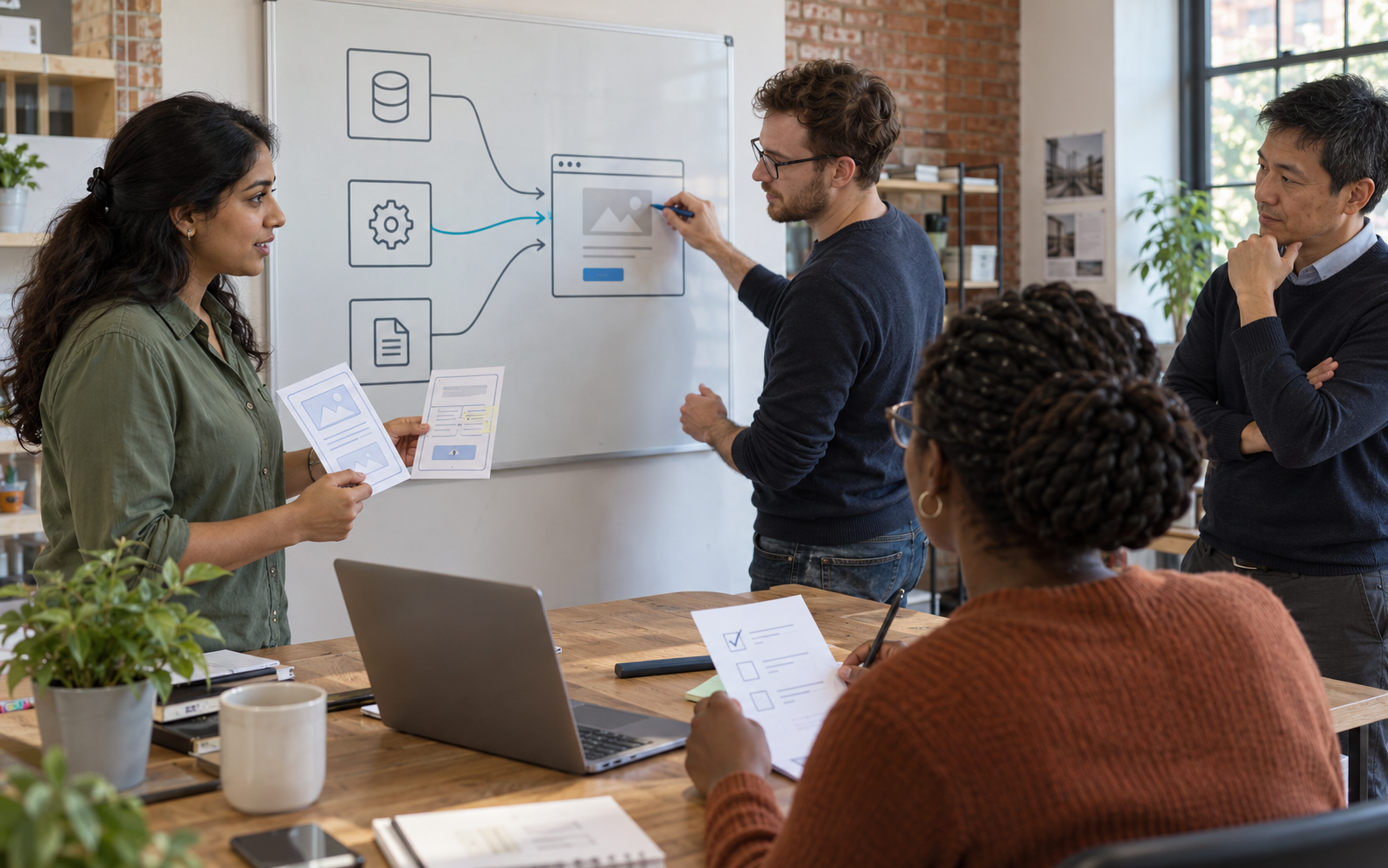 An engineering capstone team compares interface cards and a test checklist beside a whiteboard showing three components joining one application.