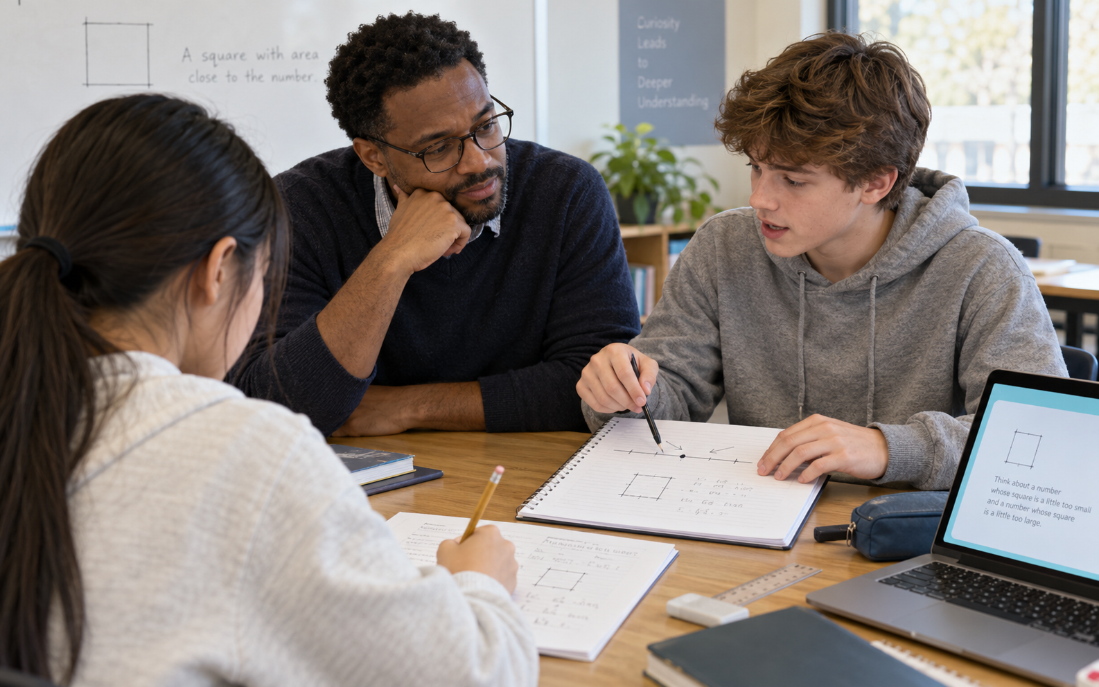 Two students explain square-root estimates using number-line and square-area sketches while a teacher listens beside a laptop hint panel.