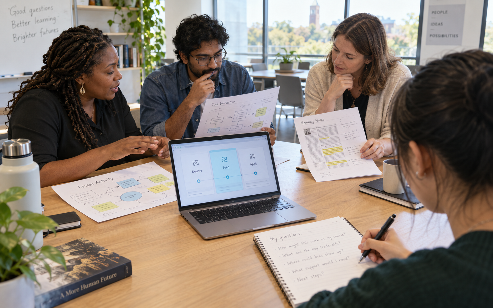 Participants in a university AI workshop compare a lesson activity, software workflow and reading notes while a student records questions.