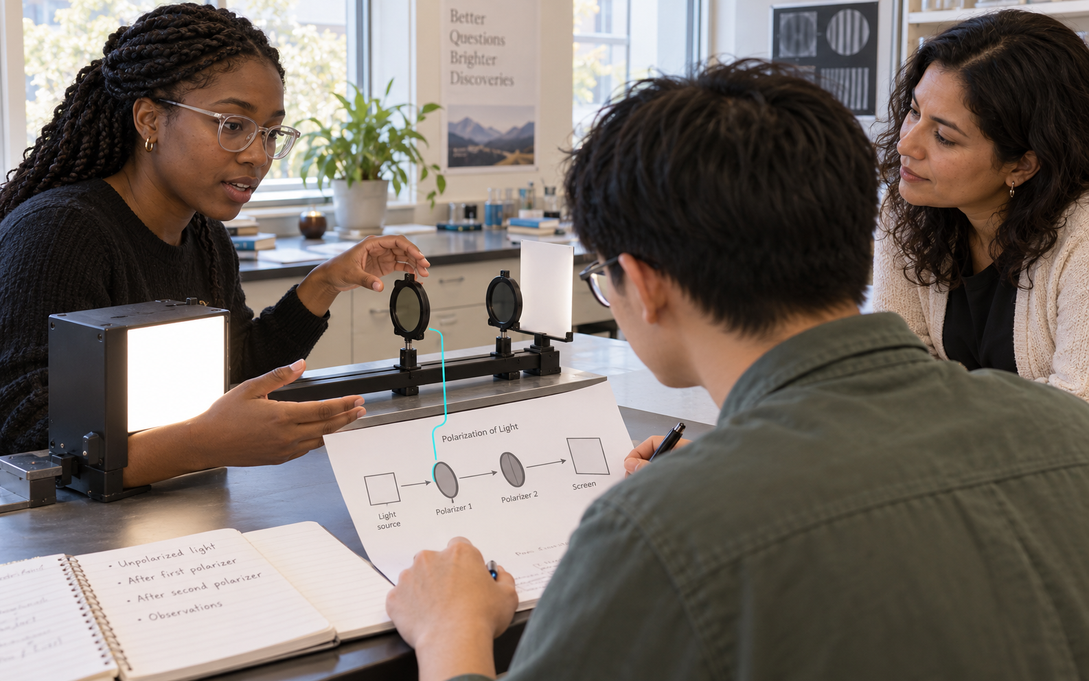 Two students and an instructor inspect polarizer components while comparing an annotated light-path diagram in an optics teaching laboratory.