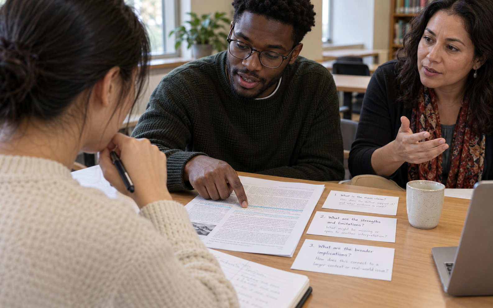 Two university students and a teacher compare an annotated article with three question cards during a reading seminar.