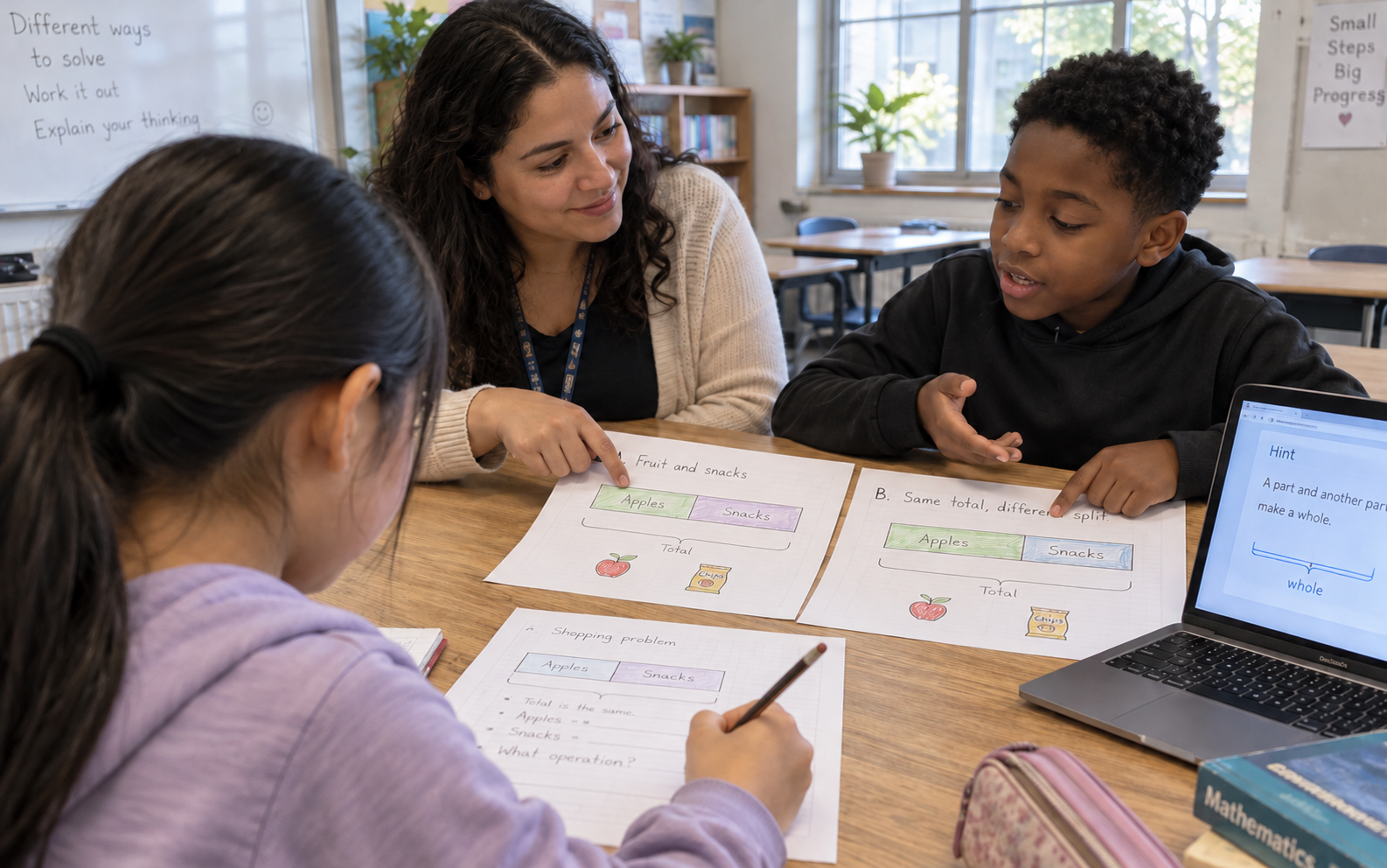 A teacher and two pupils discuss part-whole bar models for a shopping word problem while one pupil records the reasoning.