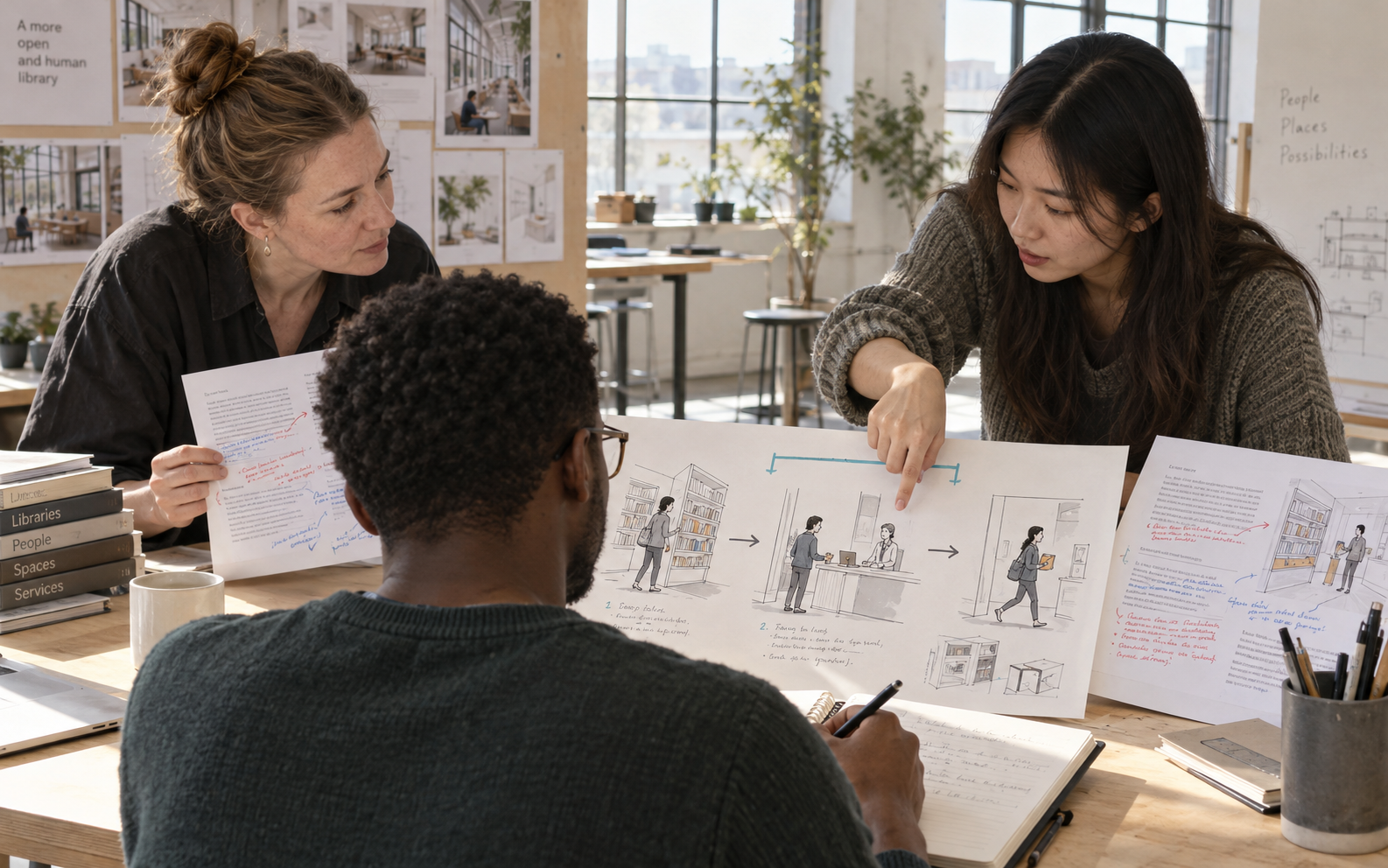 A lecturer and two design students compare a service storyboard with annotated feedback sheets while a student records revision ideas.