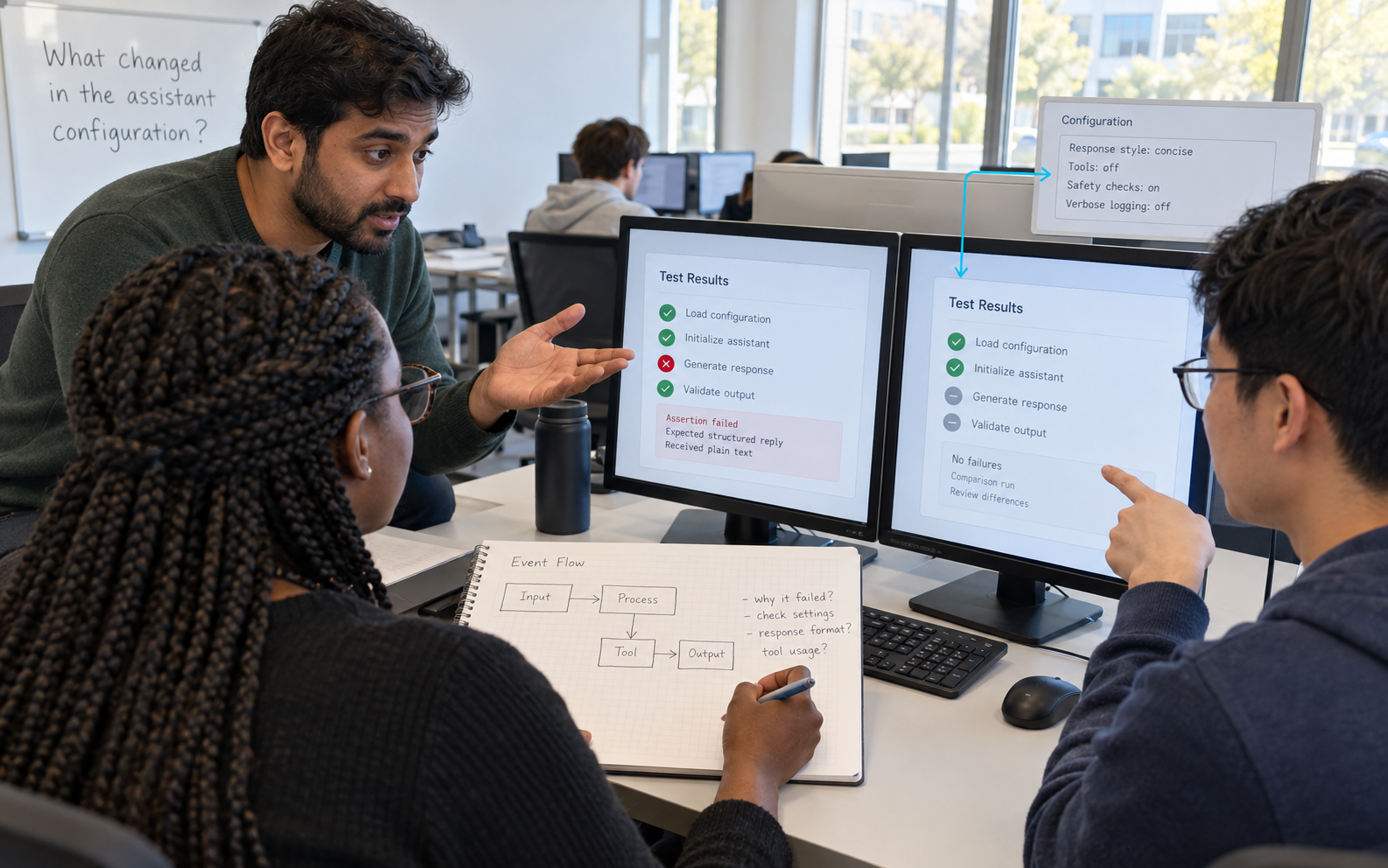 An instructor and two programming students compare test-result panels, including a failed check, with configuration notes and an annotated event-flow sketch.