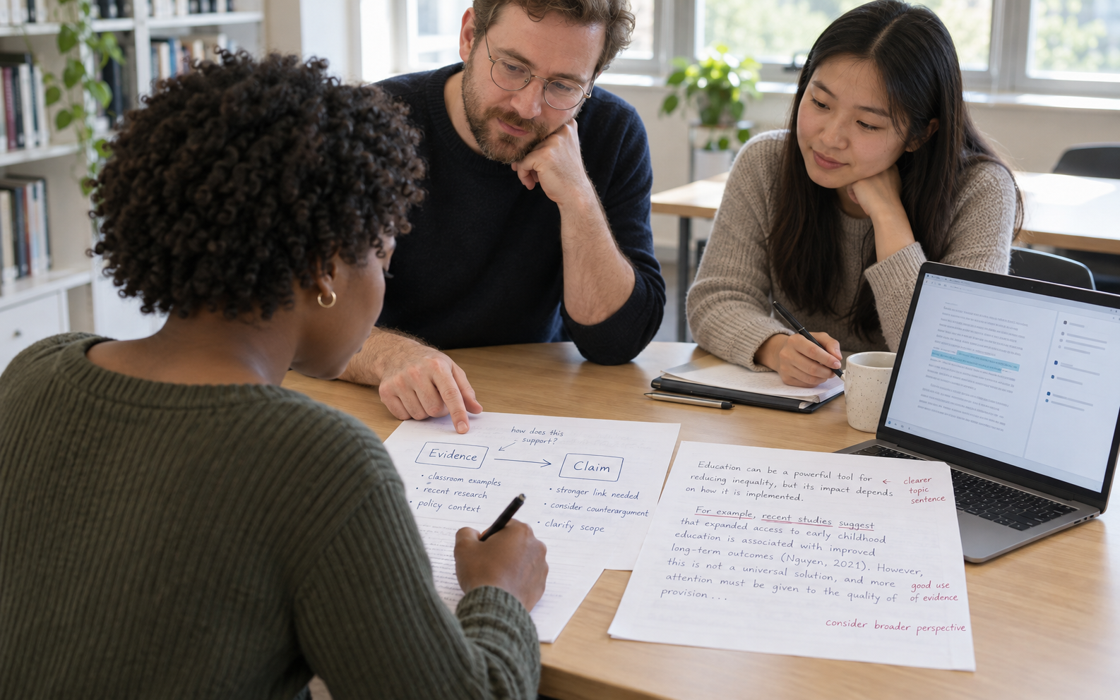 A university student revises an essay using an evidence-to-claim sketch while a lecturer and peer discuss the feedback.
