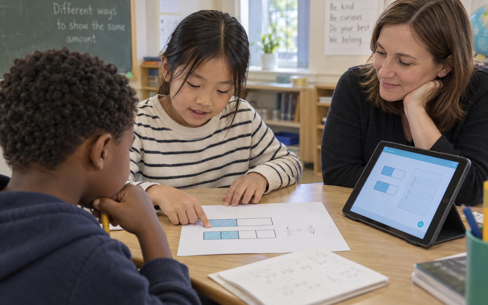 A teacher and two primary pupils compare equivalent fraction bars on a worksheet beside a tablet practice activity.