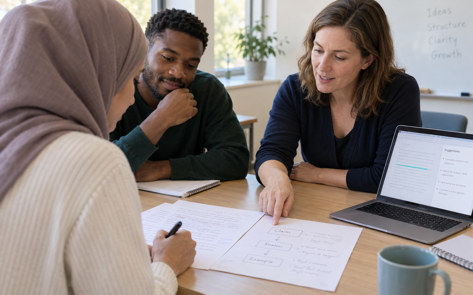 A language learner annotates her essay while a classmate and instructor discuss a claim-reason-example paragraph map.