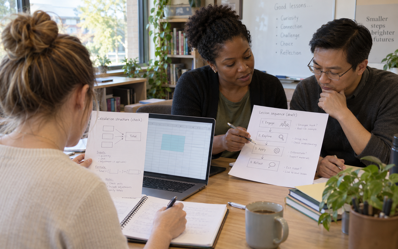 School staff compare a lesson-sequence draft with a calculation-structure template and a selected spreadsheet range while recording checks.