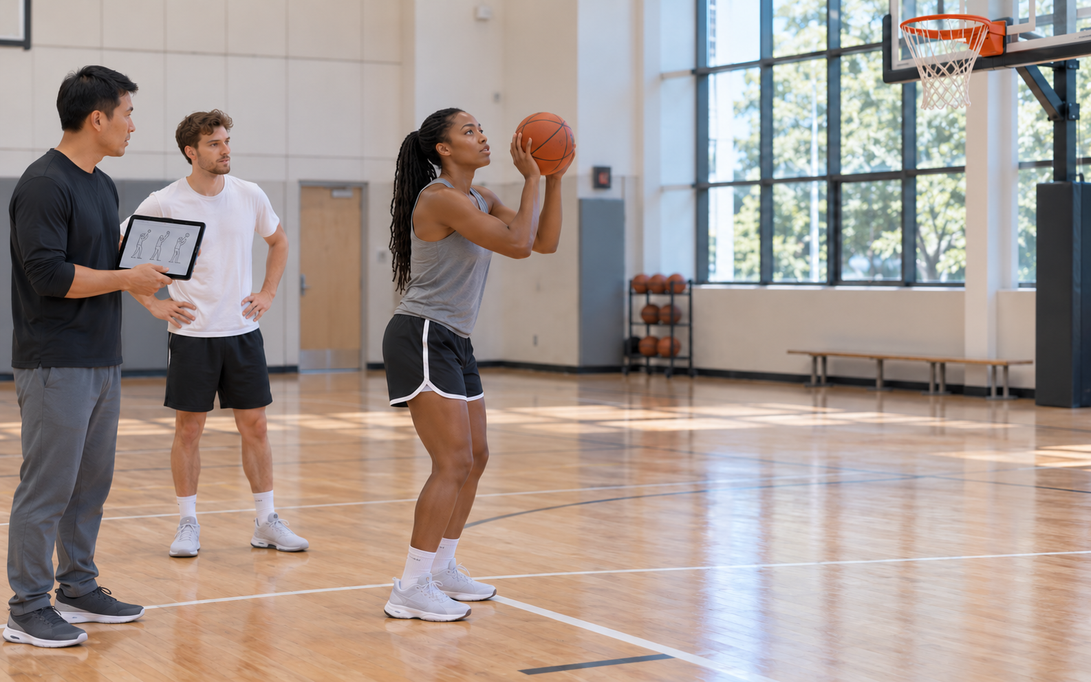 A university learner prepares a free throw while a coach holding a tablet shot sequence and a peer observe in a bright gym.
