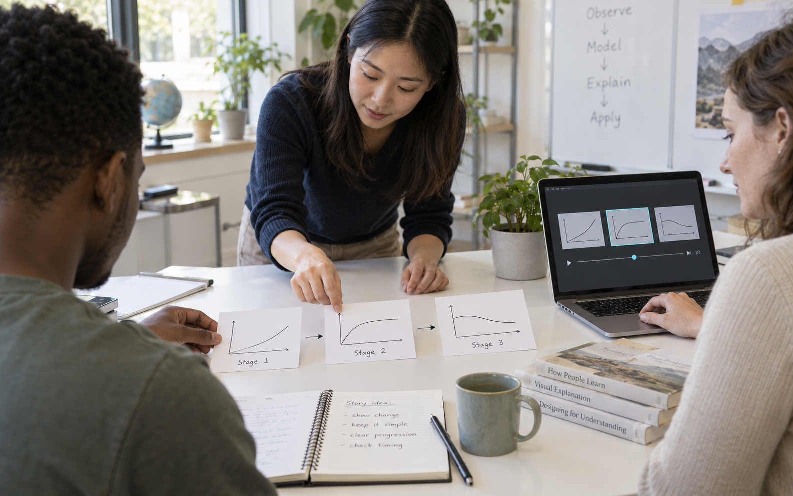 A teacher and student arrange three graph-storyboard cards while a colleague adjusts matching animation frames on a laptop.