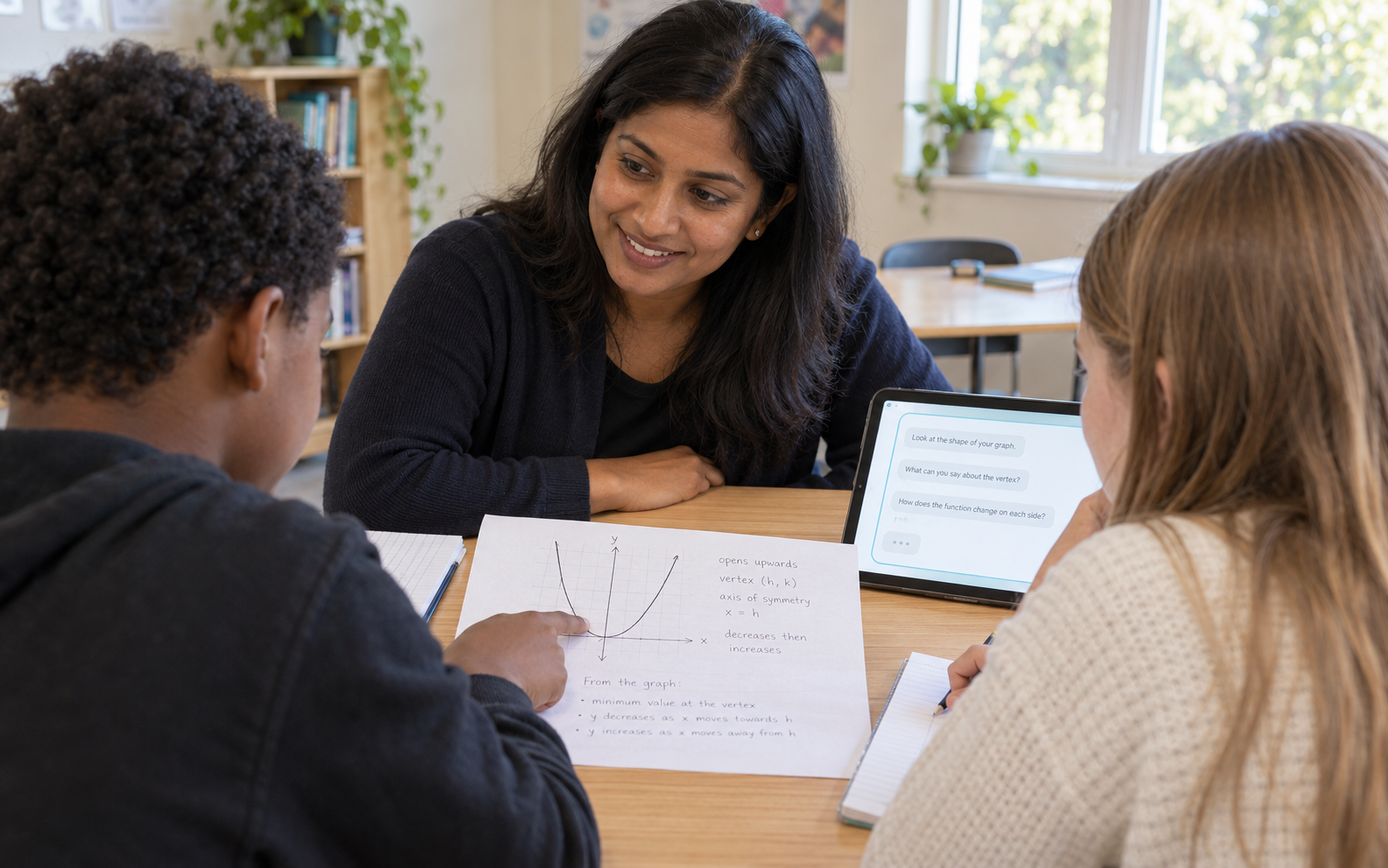 Two pupils discuss an upward quadratic graph with a teacher beside a tablet offering calm mathematical hints.