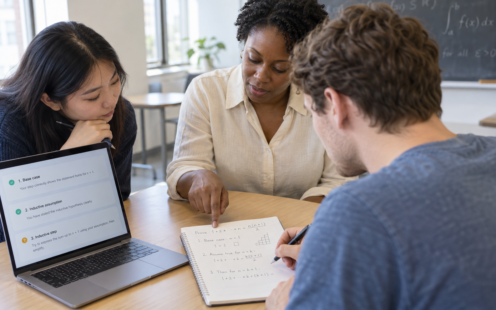 A mathematics lecturer and peer discuss a university student's induction proof beside a laptop showing feedback on the next step.