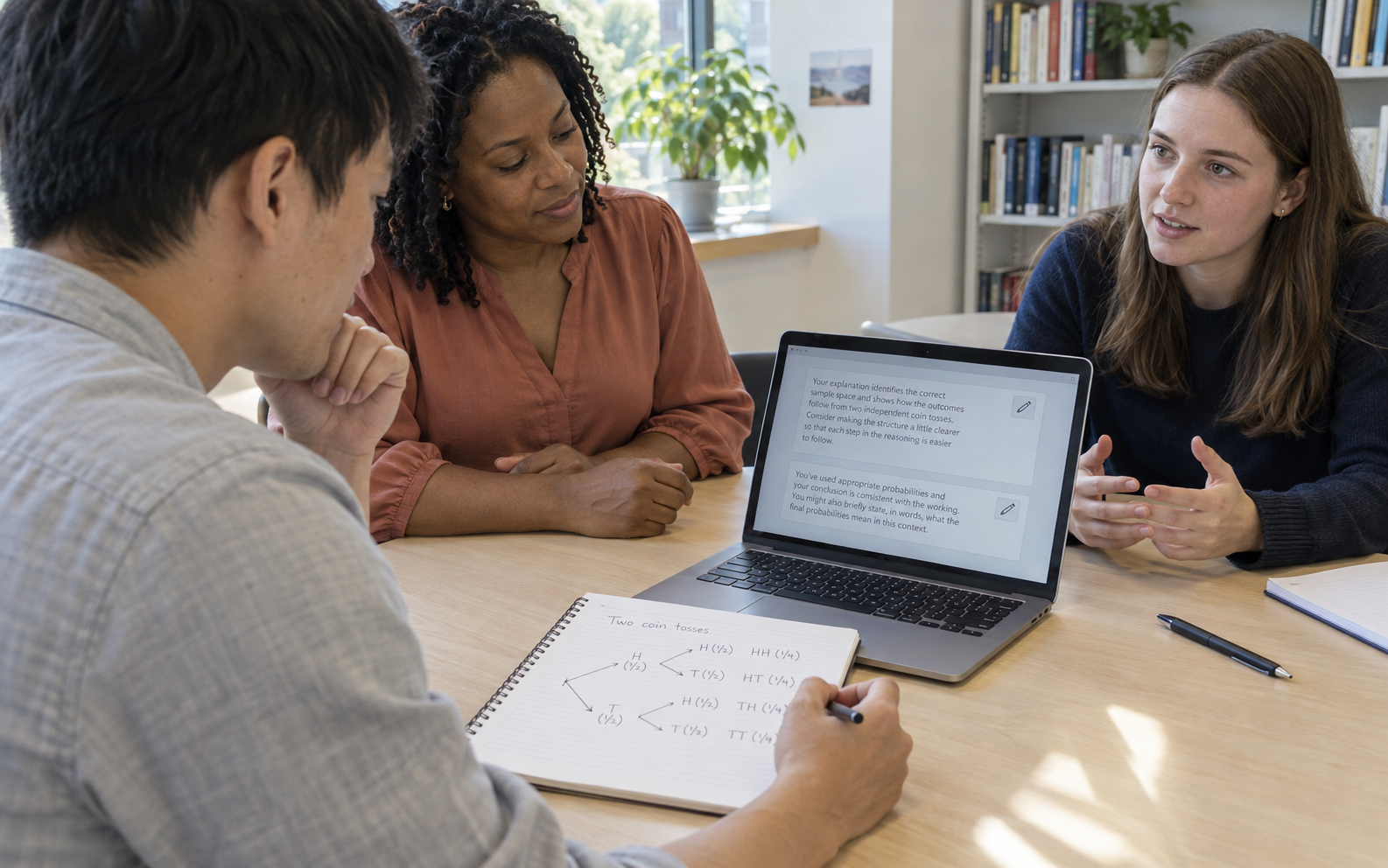 A teaching assistant, instructor and university student discuss two proposed feedback comments beside a probability tree for two coin tosses.