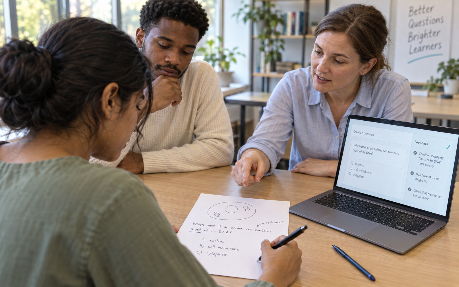 A university student revises a biology multiple-choice question while a classmate and lecturer consider feedback shown beside a simple animal-cell drawing.